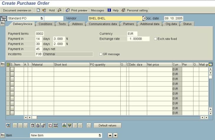 SAP MM - PURCHASING ORDER CREATION - ME21N - Screen 1