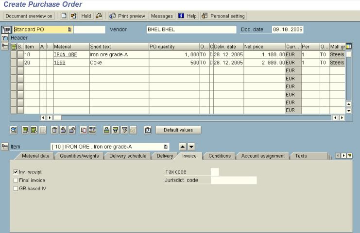 SAP MM - PURCHASING ORDER CREATION - ME21N - Screen 3