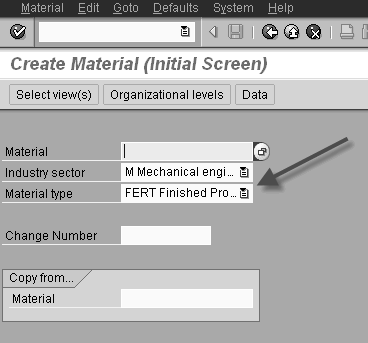 sap material creation screen with material type